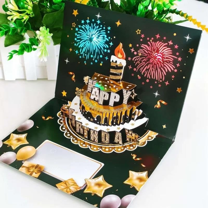 Carte de joyeux anniversaire gâteau pop-up 3D feu d'artifice