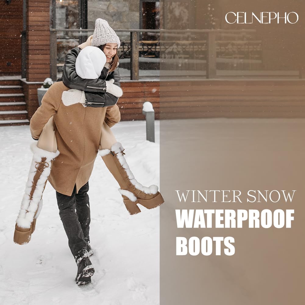 CELNEPHO Knee High Boots For Womens Side Zipper Warm Faux Fur Platform Chunky Heel Punk Goth Walking Winter Snow Boots: 5.5 A-apricot