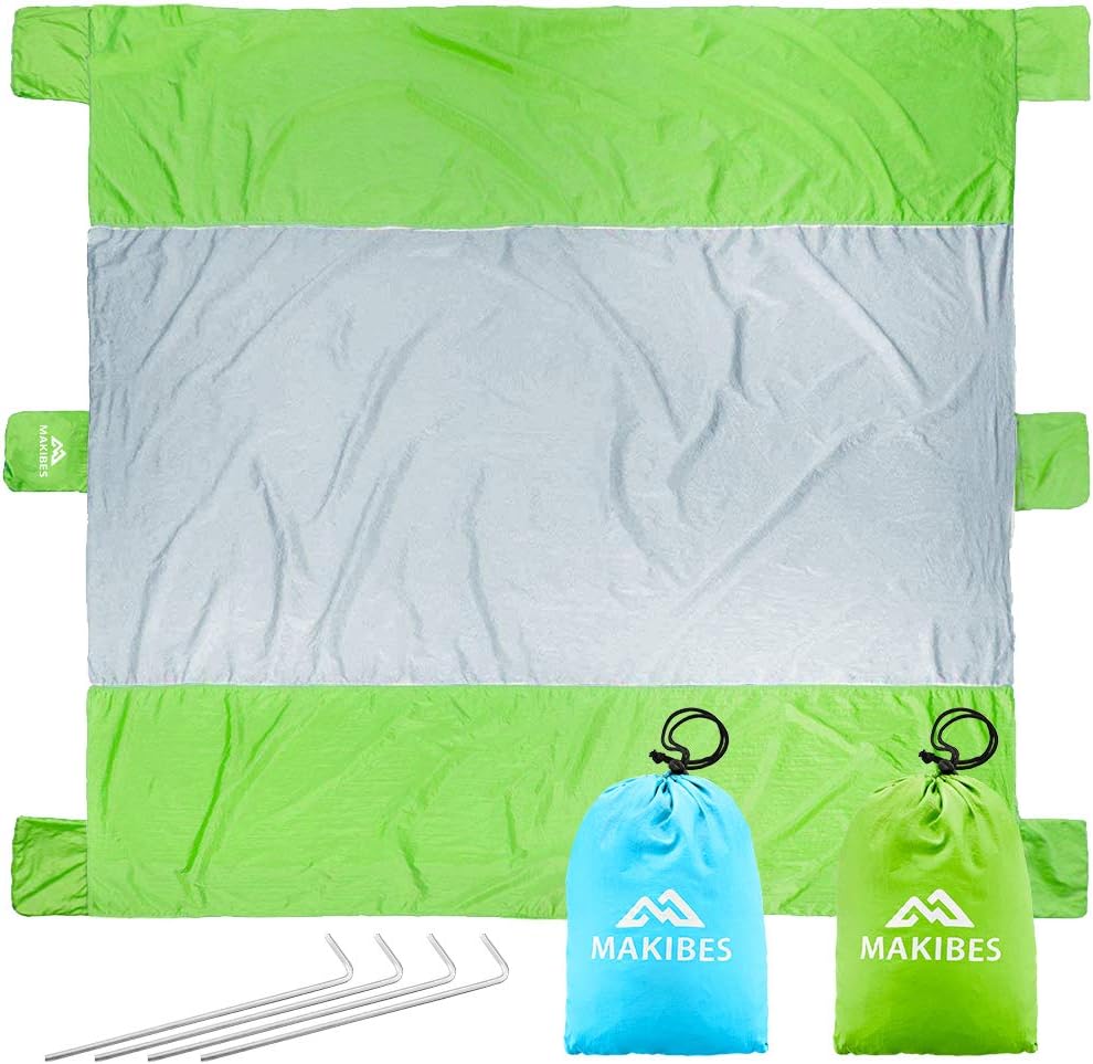 Oversized Beach Blanket Sand Proof Picnic Mat Waterproof Camping Mat for Kids, Fast Dry Strong Nylon, 7' x 9', with 6 Anchor, Sand Pockets & 4 Stakes (Green)