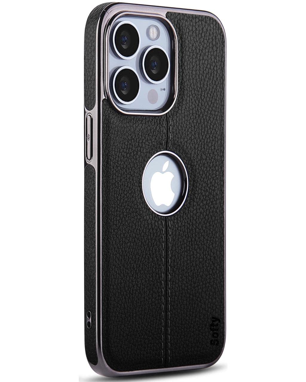 Scott Pro Series Leather Finish and Electroplated Camera Protection Back Cover for Apple iPhone 14 Pro Max 6.7'' Slim 360* Protection Case, Wireless Charging Supported - Black