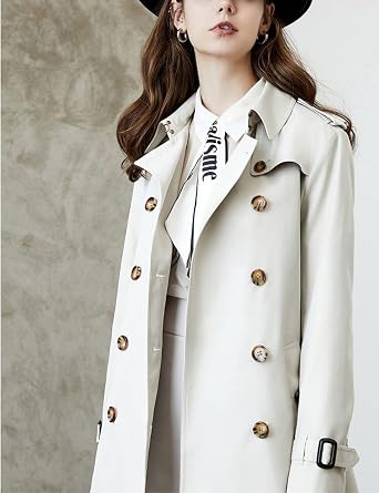 Kwoki Women's Mid Long Trench Coat Classic Lapel Slim Outerwear Overcoat with Buckle Belt