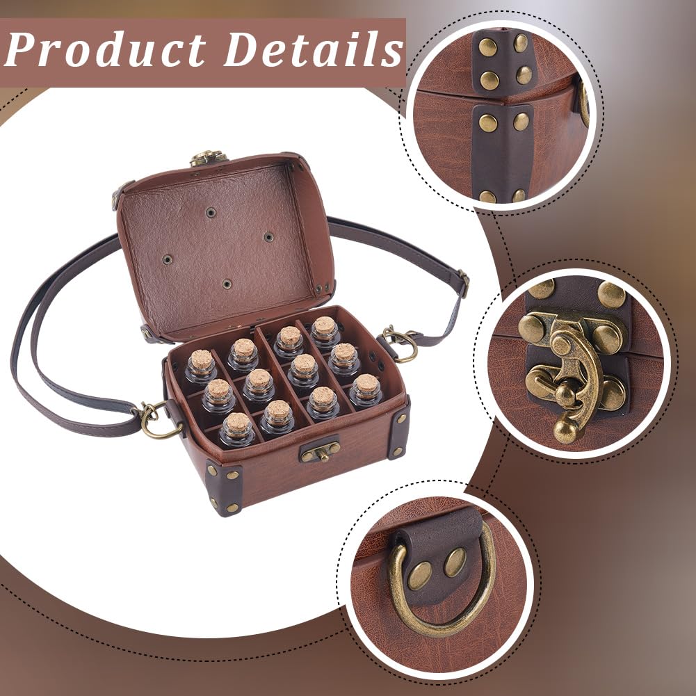 Coffret D'Alchimie Médiéval en Cuir PU avec 12 fiole de Potion en Liège Sac Bandoulière Portable Porte Dés pour Bijoux et Jeux de Rôle (D&D) Sac Banane pour Homme et Femme Costume