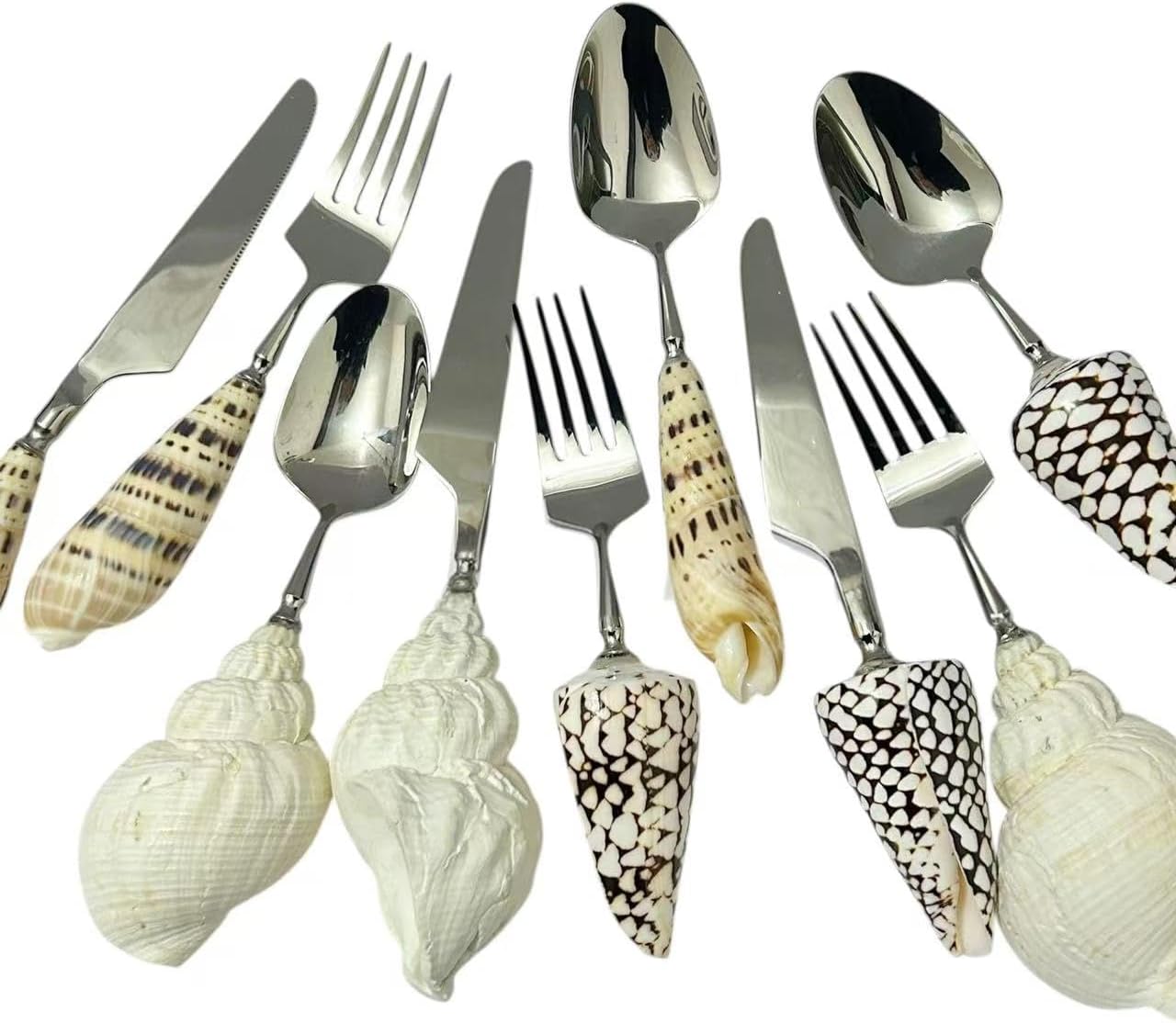 Seashell Handle Flatware Set, Stainless Steel, Fork, Spoon and Knife, Nautical Beach Theme (A)