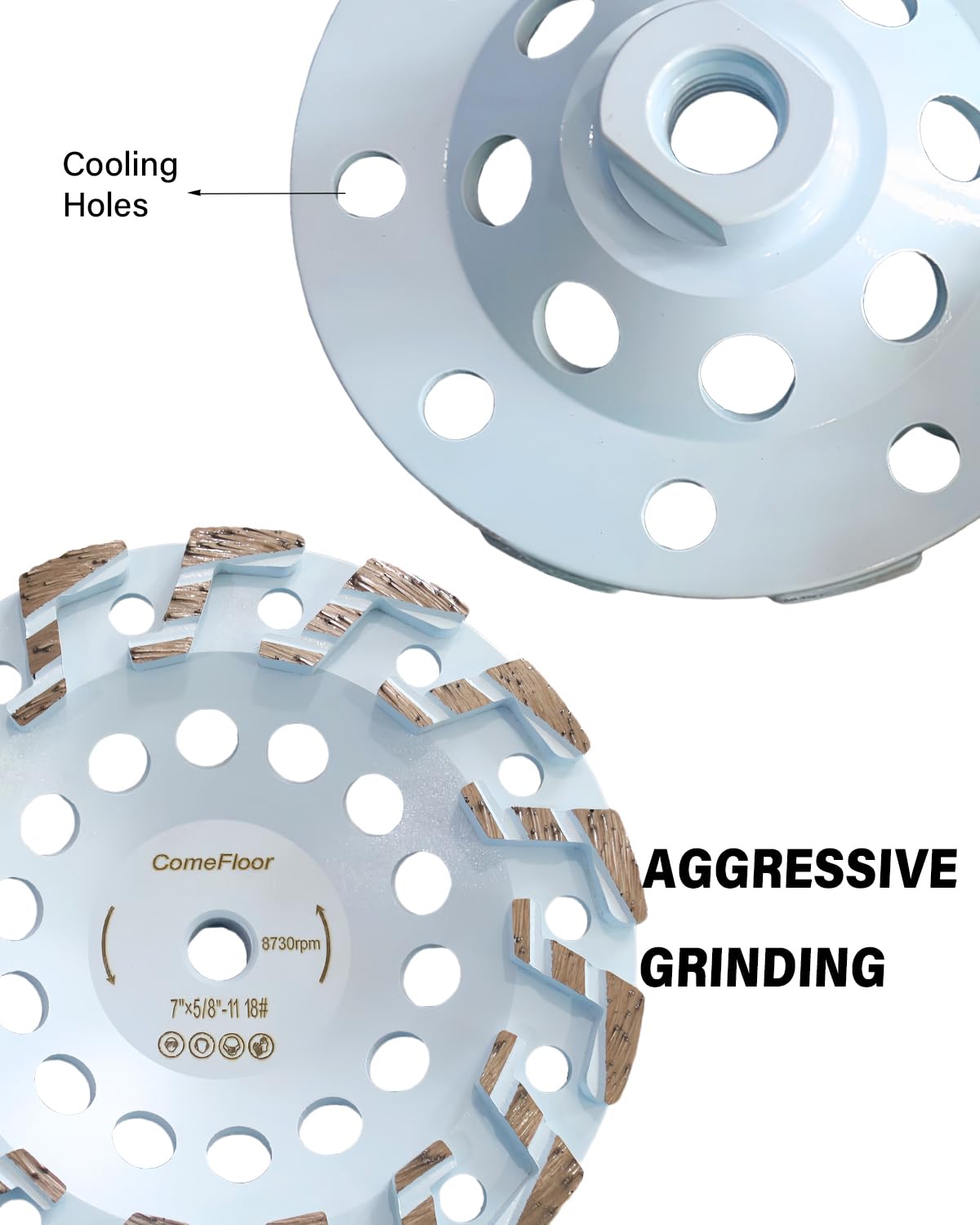 Rueda de molienda de diamante de 7 pulgadas para hormigón y mampostería, rueda de amoladora resistente de segmento Z de alto rendimiento para eliminación de piezas finas, rosca de 5/8 a 11