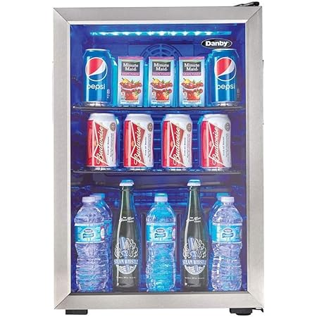 Danby DBC026A1BSSDB 95 Can Beverage Center, 2.6 Cu.Ft Refrigerator for Basement, Dining, Living Room, Drink Cooler Perfect for Beer, Pop, Water, Black/Stainless-Steel
