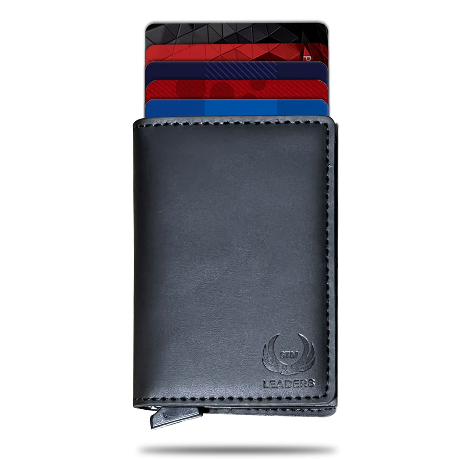 STM LeadersCard Holder wallet Slim Wallet Flipper RFID Blocking Leather Wallet Automatic Pop-Up Wallet Trifold Wallet Aluminum Wallet Business Card Case Card Holder Organizer …, Black, Small, Rfid