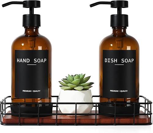 Juego de dispensador de jabón de cocina con bandeja, dispensadores de jabón de vidrio ámbar con cesta de hierro, juego de dispensador de jabón
