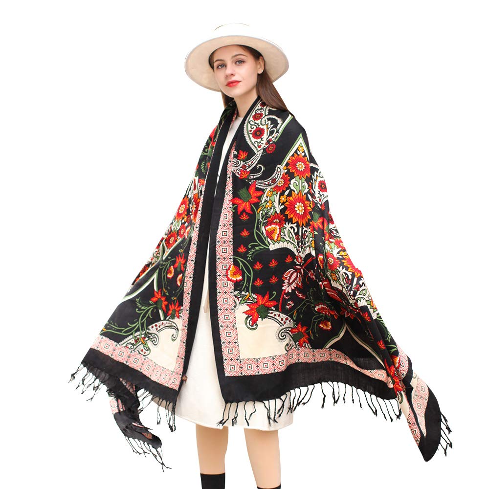 DANA XU - Sciarpa pashmina in 100% lana merino, da donna, 244 x 109 cm, oversize, in cashmere, con nappe, mantella da viaggio con motivo floreale, 96*43 INCHES