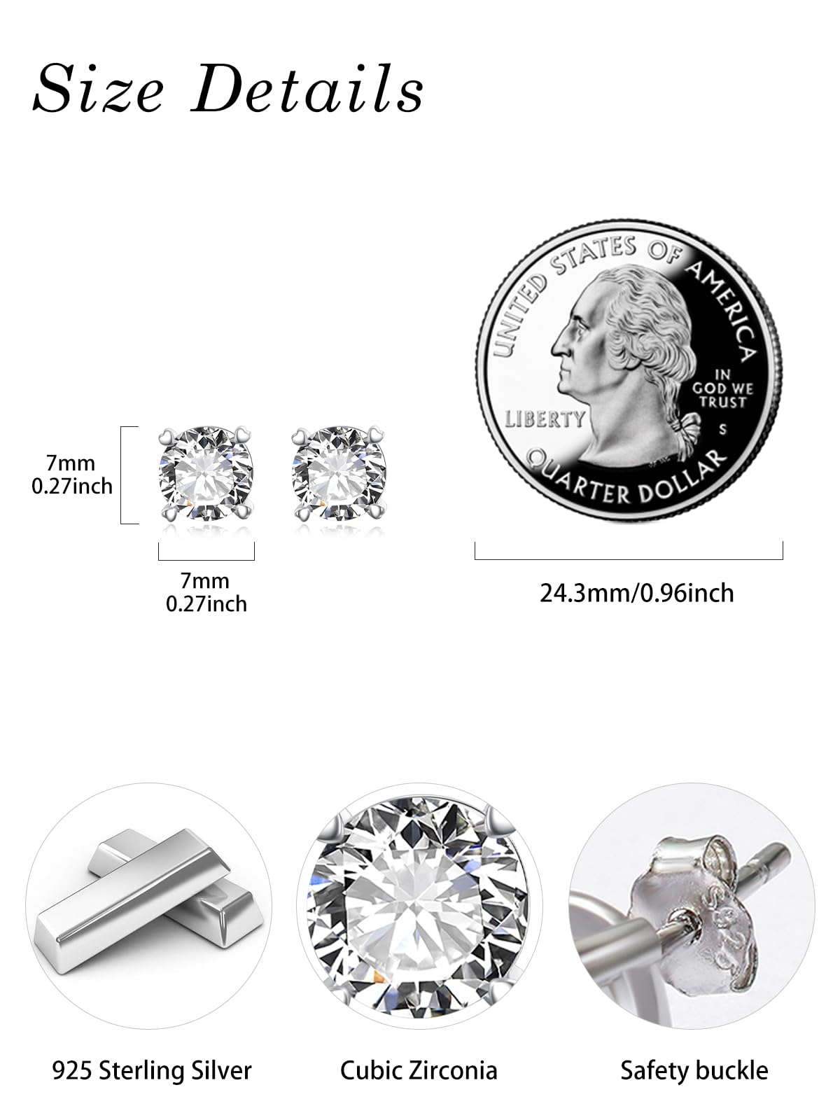 TANGPOET Pendientes de circonita para mujer, de 7 mm, de plata de ley 925, con rosca trasera, brillantes, hipoalergénicos, chapados en oro blanco, regalos para ella, Plata, Circonia cúbica