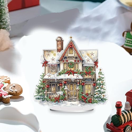 Miniatura 4 de AZURAOKEY 2 paquetes de arte de diamantes de cristal, adornos de mesa, cabaña de Navidad, forma especial, decoración de mesa de arte de diamante,