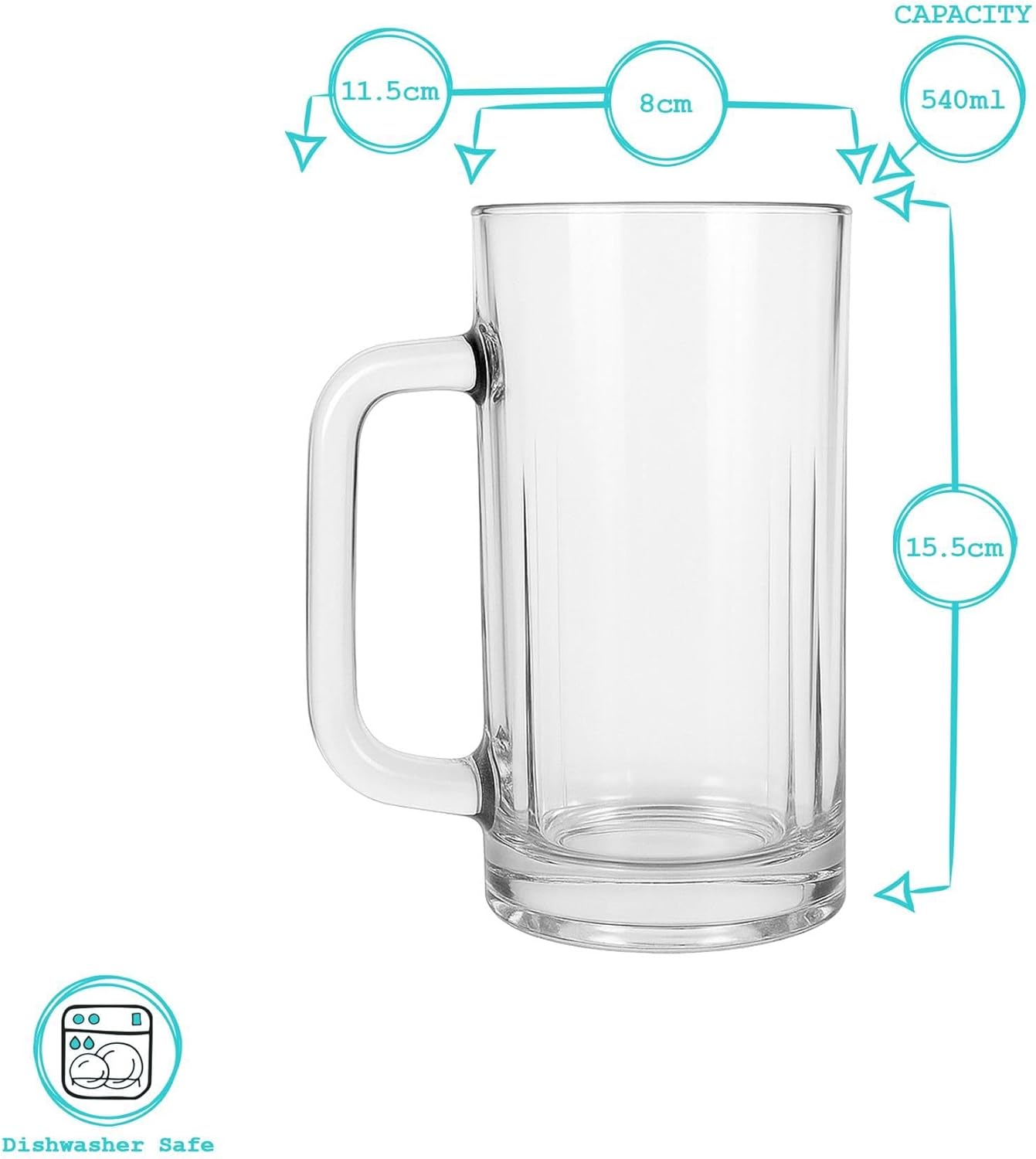 Argon Tableware Beer Mugs Set of 4-540ml Glass Pint Beer Steins with Handle - Heavy Duty Drinking Mugs for Ale Lager & Craft Beer - Durable Soda Lime Glass Pub Style