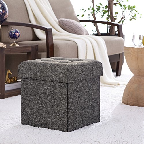 Ornavo Home Foldable Tufted Linen Storage Ottoman Square Cube Foot Rest Stool/Seat - 15" X 15" X 15" (Charcoal) #TOP2