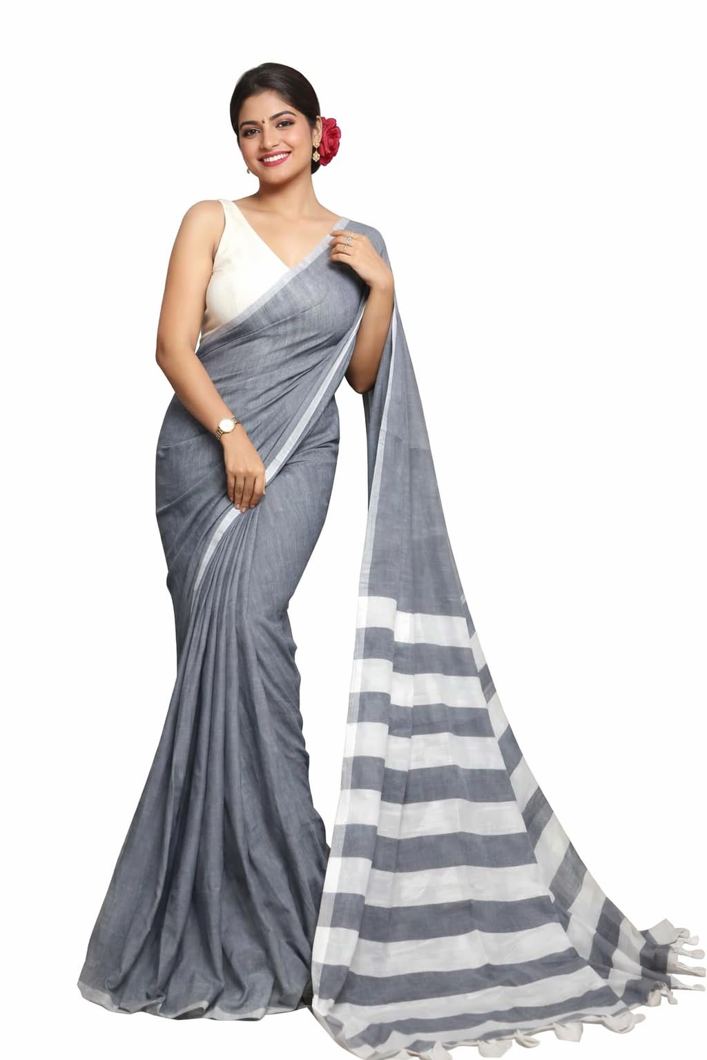 Women's Grey Striped Border Saree with White Blouse | Handlom Cotton Taant |-image-41