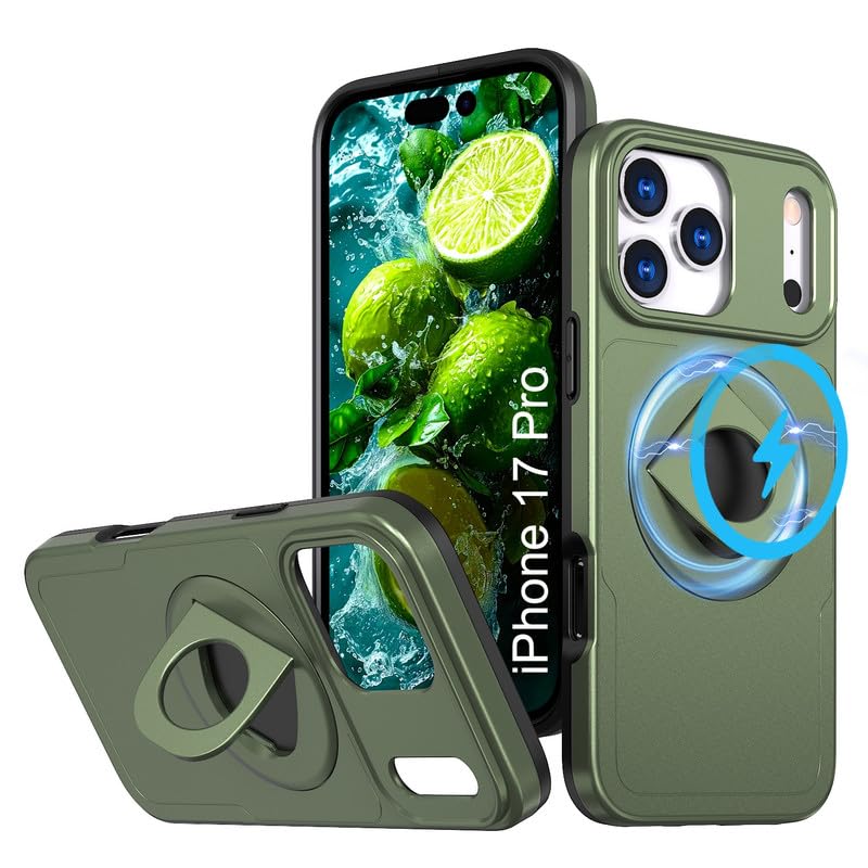 LuxuryKase Shockproof Rugged Back Cover for iPhone 17 Pro | Heavy Duty Armor Case | MagSafe Compatible | 360° Ring Holder | Finger Ring Kickstand | Drop Protection - Green