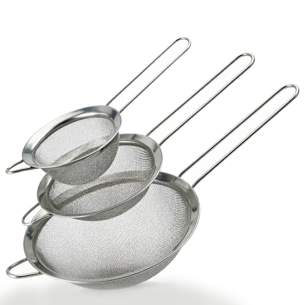 Armo® Stainless Steel Sieve Pack of 3 8cm, 12cm, 18cm Temperature Proof Kitchen Sieve Colander Set