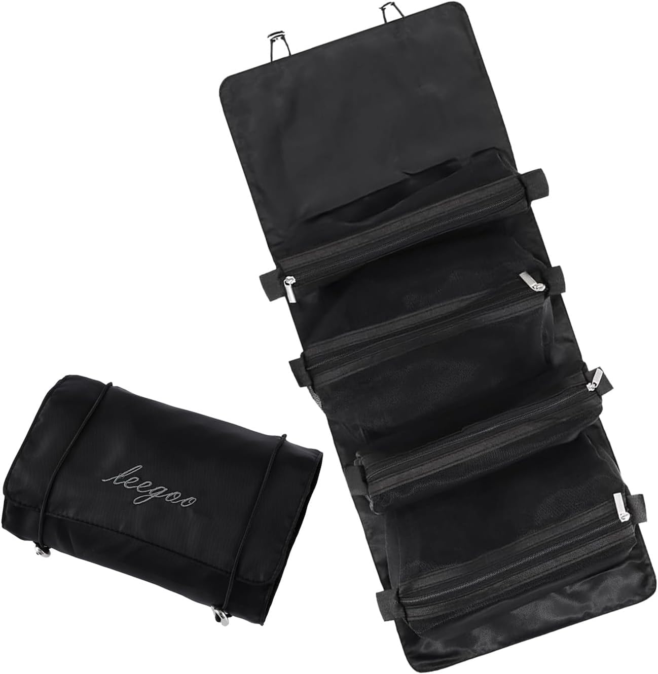 MAHNTMART Nylon 4-in-1 Hanging Roll Up Makeup Pouch Kit, Folding Travel Toiletry Bag with Compartments, Detachable Pouch Cosmetic Organizer (Black)-picture-14