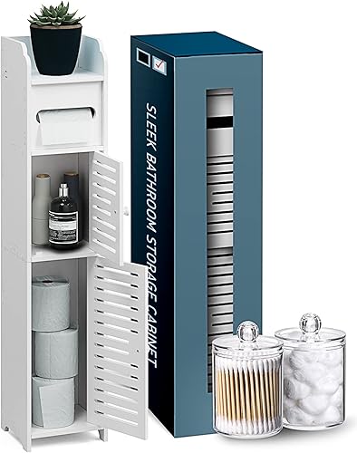 StorageBud Organizador de almacenamiento de baño, de pie con estantes, incluye 2 tarros de boticario, armario alto de almacenamiento de baño