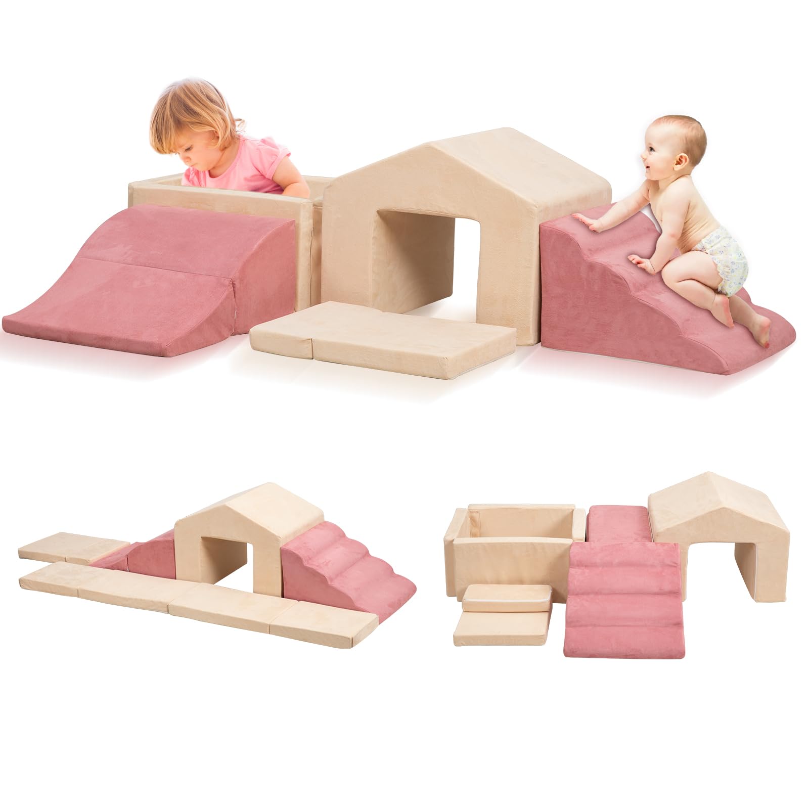 ( incomplete)Foam Climbing Toys for Toddlers, 6PCS Climb and Crawl Activity Playset, 5 in 1 Soft Crawling Climbing Blocks Indoor, Toddler Play Climbing and Ball Pit with Slide Stairs and Ramp