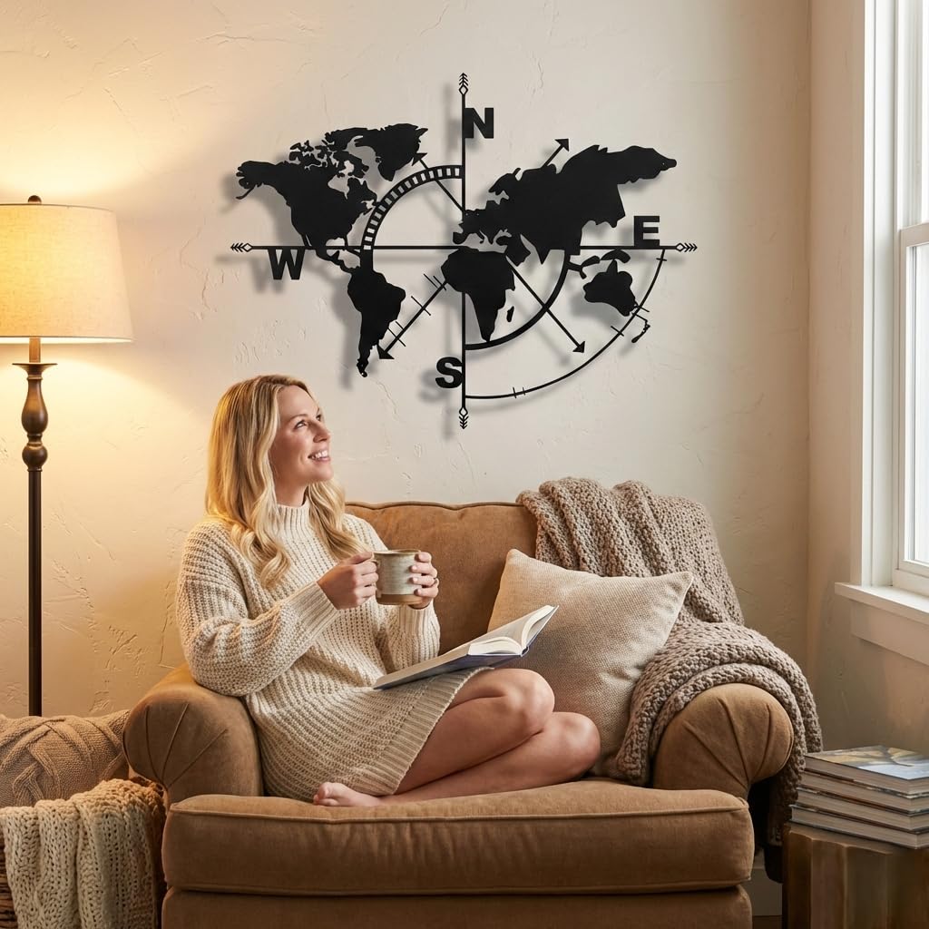 DEKADRON Wanddekoration aus Metall, Weltkarte, Wanddekoration, Home-Office-Wandschild (Schwarz, 98 x 75 cm)