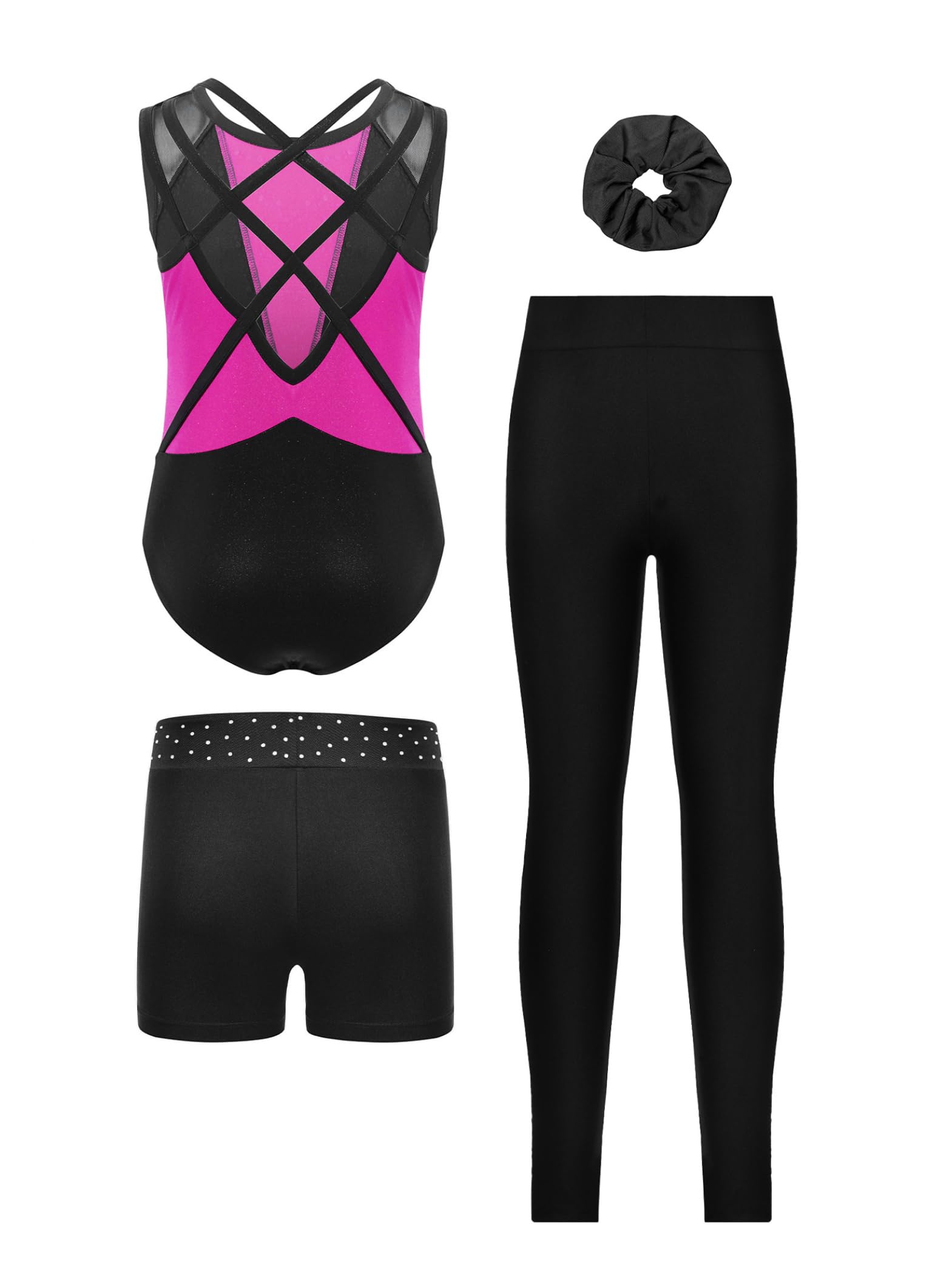 Piezas De Traje De Gimnasia Para Niñas Con Brillo Con Pantalones Cortos Moño Para El Cabello Bodysuit De Gimnasia Traje De Competición Y De Baile