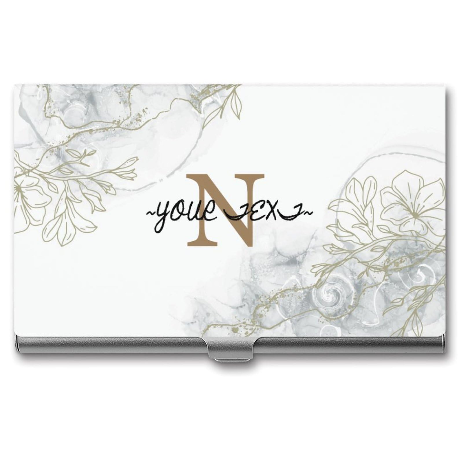 Aicihert Custom Marble Floral Business Card Holder, Personalized Business Card Case with Name Text Logo, Customized Slim Pocket Aluminum Name Card