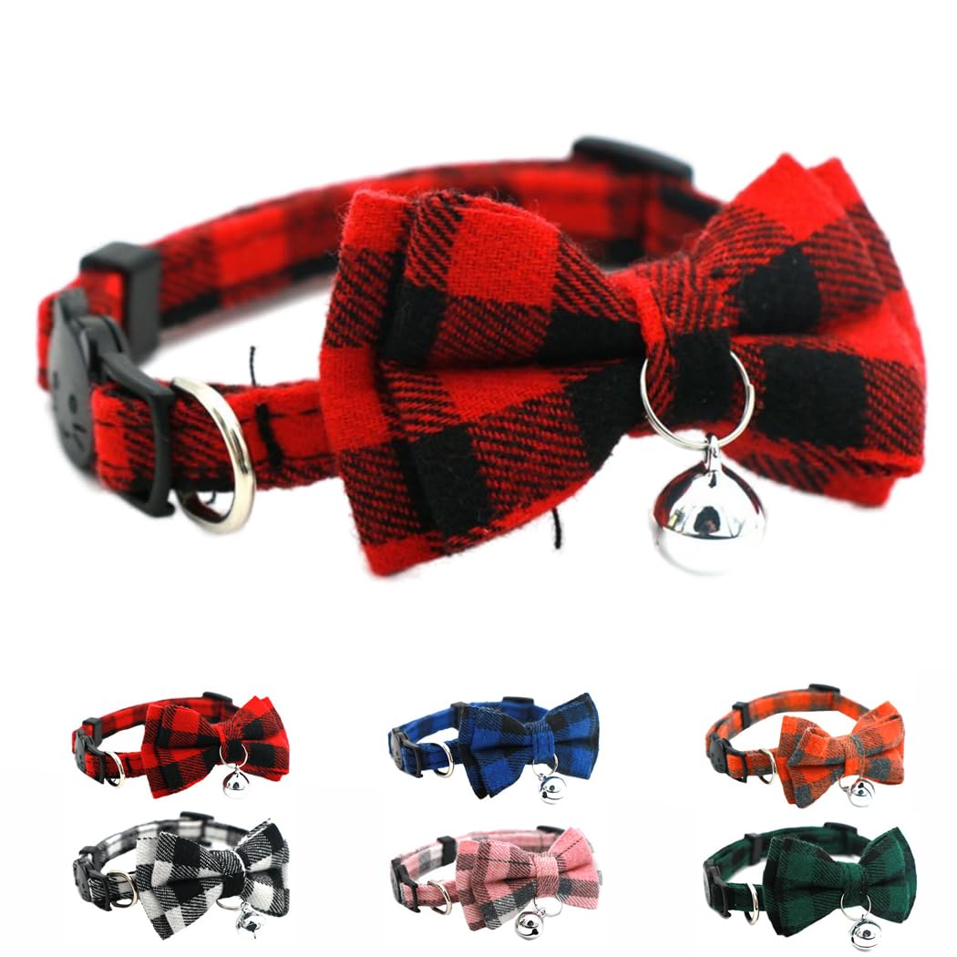 Red Plaid Cat Collar with Bell and Bow, Breakaway Kitten Collar with Bells Bowtie Puppy Collars for XXS Xs Small Little Tiny Pet Dogs Boy Girl, for Christmas Hoilday Birthday Party