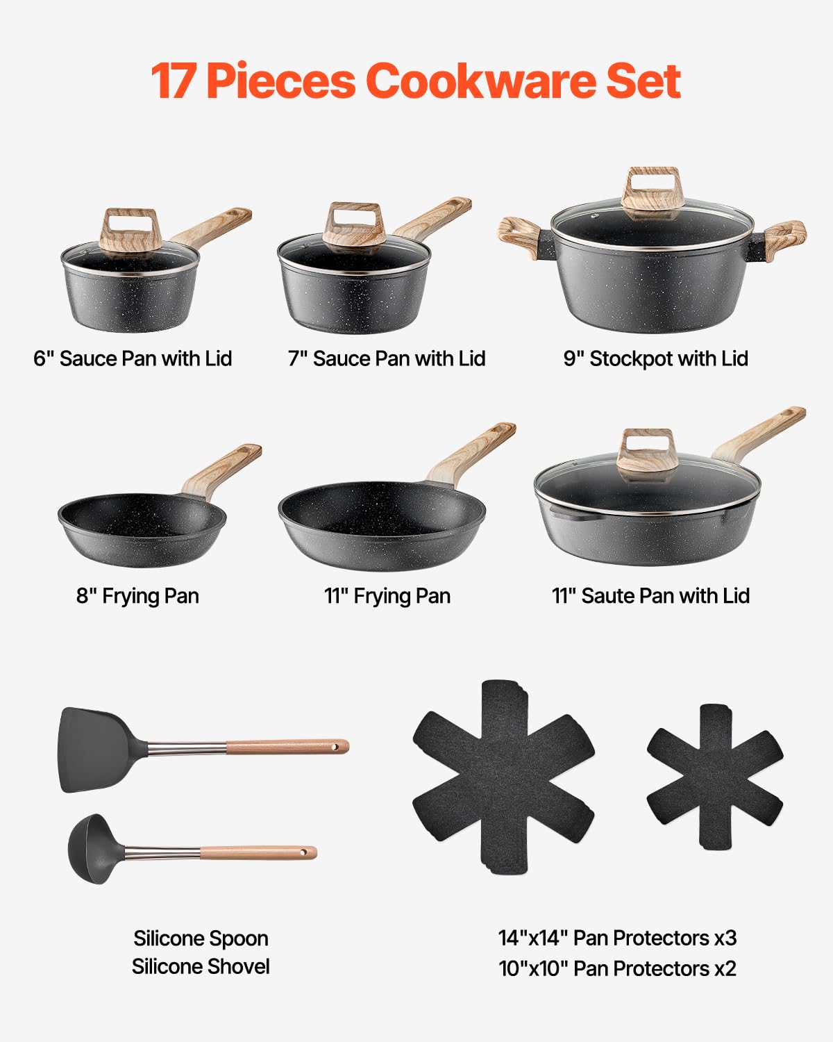 VEVOR Set di Pentole, Padelle Antiaderenti in Granito con Manico, Set di Pentole a Induzione da Cucina per Camper, con Frittura, Coperchi in Vetro Temperato, Nero 17 Pezzi