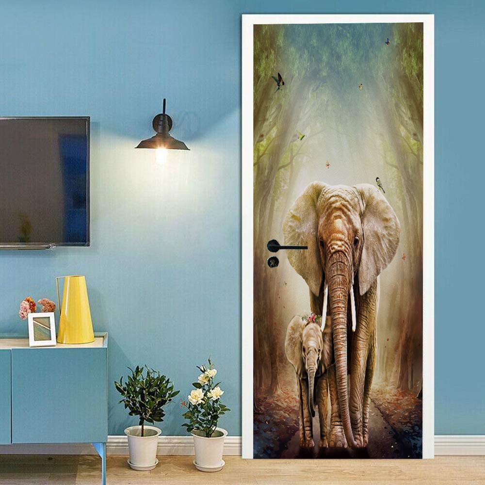 Sticker porte trompe l'oeil forêt éléphant 90x200 papier peint intérieur lavable
