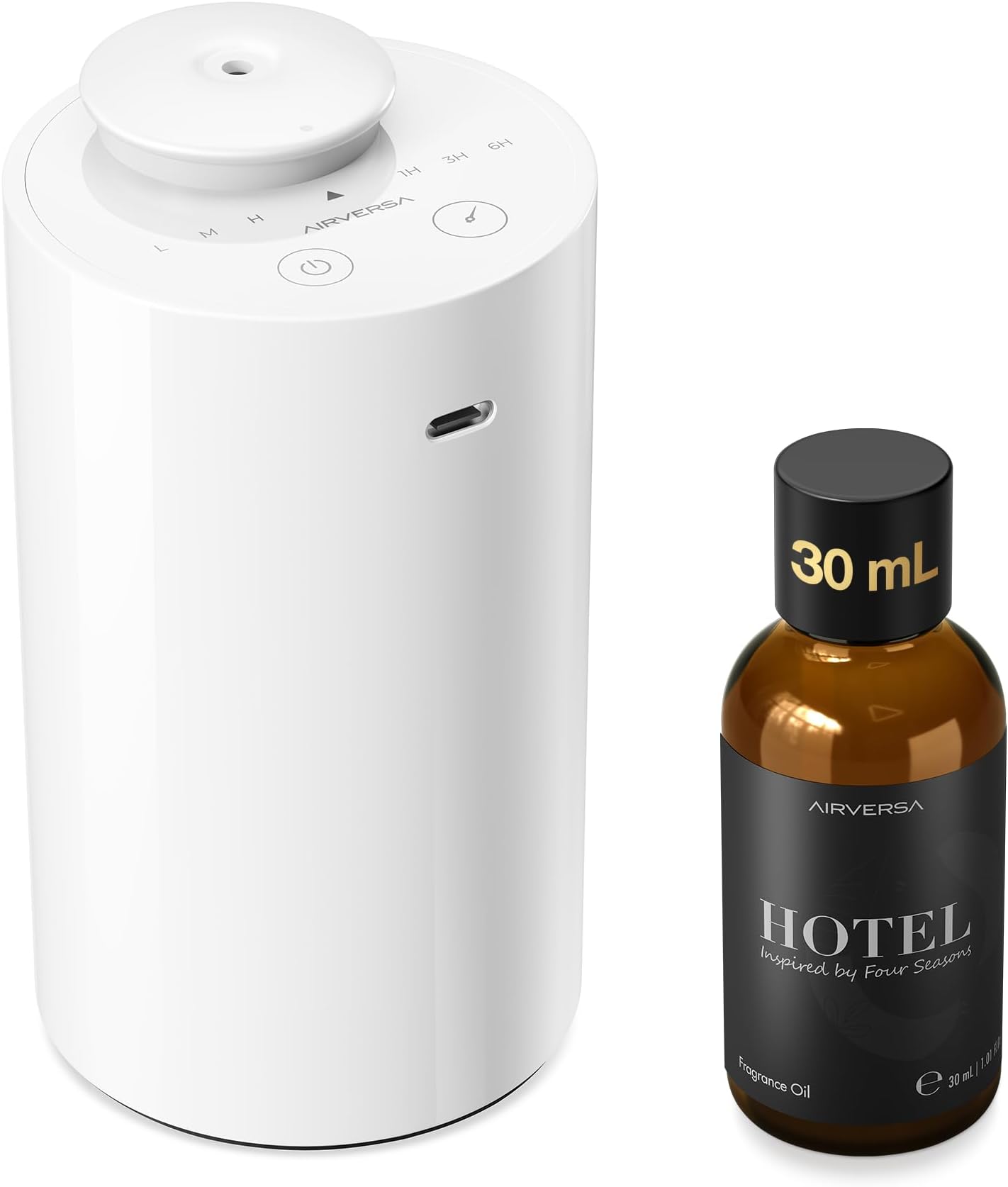 Waterless Essential Oil Diffuser Starter Kit with 30mL Hotel Fragrance Oil Inspired by Four Season, Battery Operated Car Diffuser, Portable Aroma Nebulizer for Home Car Office, AN6Kit-B, White