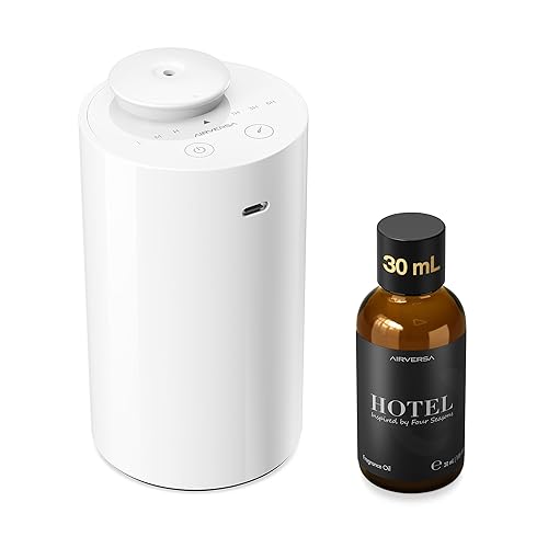 Waterless Essential Oil Diffuser Starter Kit with 30mL Hotel Fragrance Oil Inspired by Four Season, Battery Operated Car Diffuser, Portable Aroma Nebulizer for Home Car Office, AN6Kit-2, White
