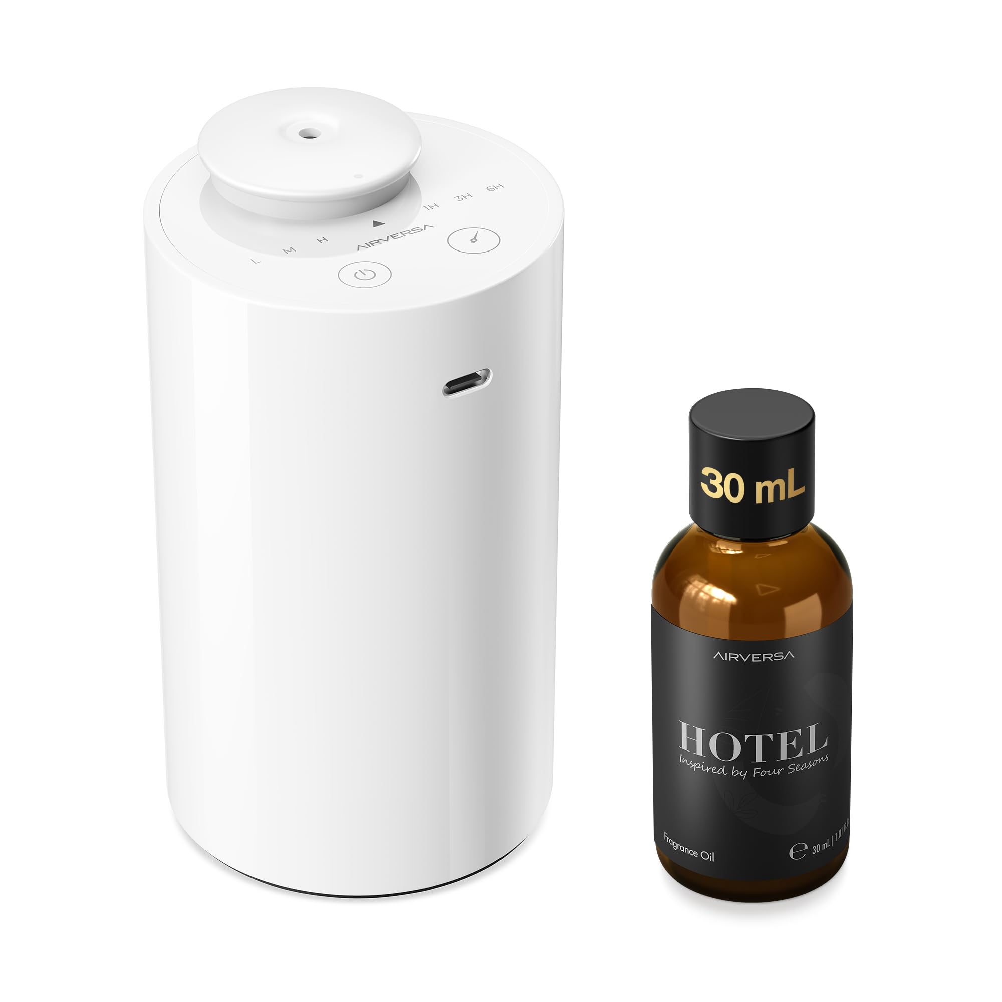 Waterless Essential Oil Diffuser Starter Kit with 30mL Hotel Fragrance Oil Inspired by Four Season, Battery Operated Car Diffuser, Portable Aroma Nebulizer for Home Car Office, AN6Kit-2, White