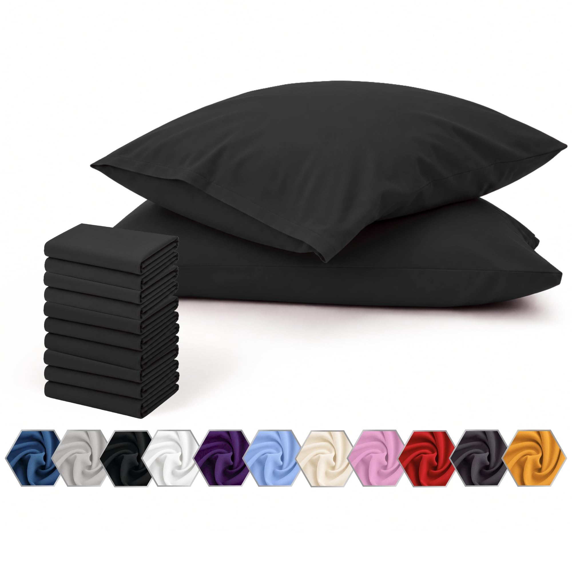 Pillow Cases 10 Pack Black | 100% Microfibre Plain Pillow Cover - UK-Standard Size Pillowcases 50x75cm - Wrinkle Free Super Soft Cozy & Breathable Pillow Case with Envelope Closure (Pack of 10, Black)