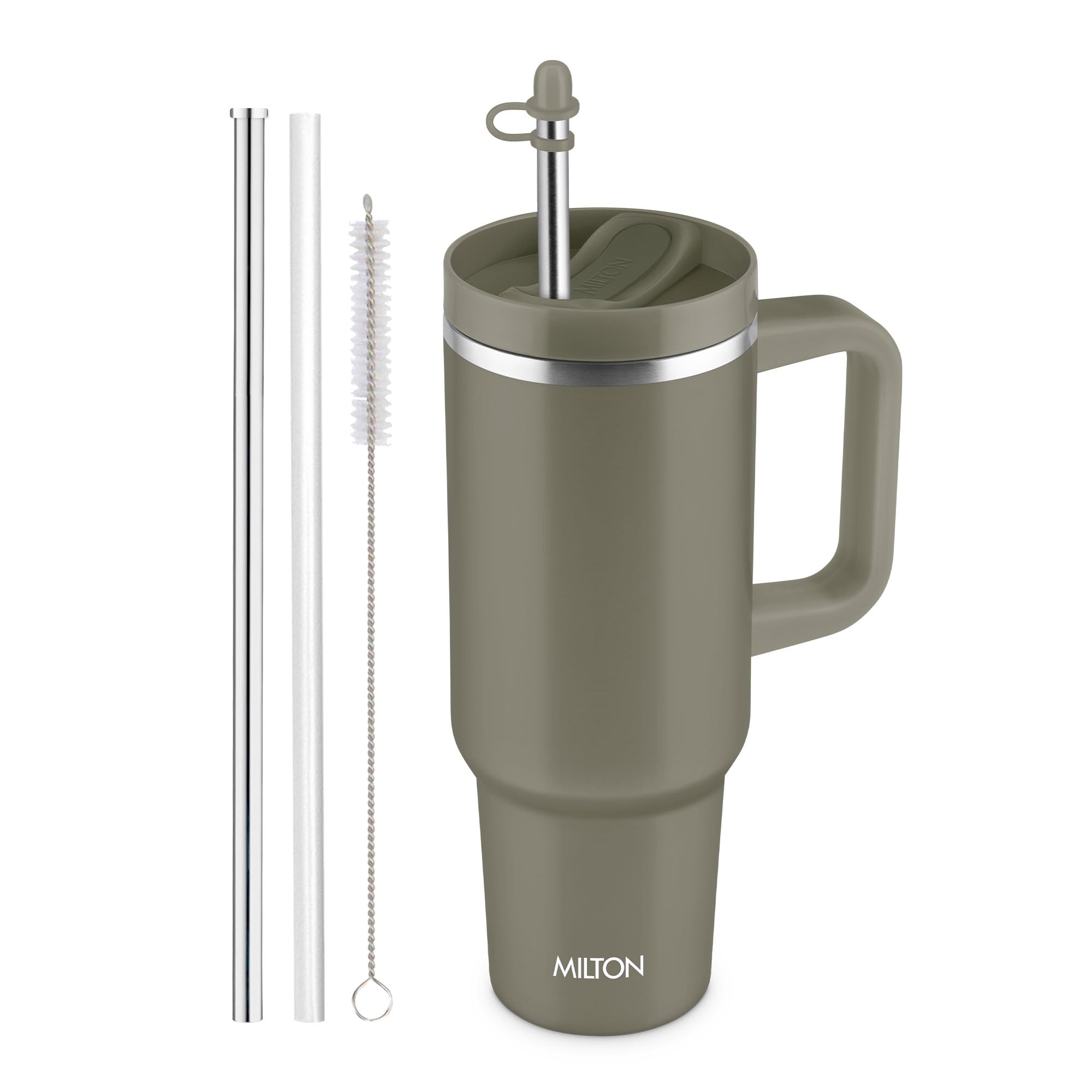MILTON Malmo 1200 Thermosteel Double Wall Vacuum Insulated Stainless Steel Water Tumbler with Handle 1100ml,Travel Mug with Straw,Silicon Cap,Cleaning Brush,Hot & Cold Beverage Flask,Olive Green