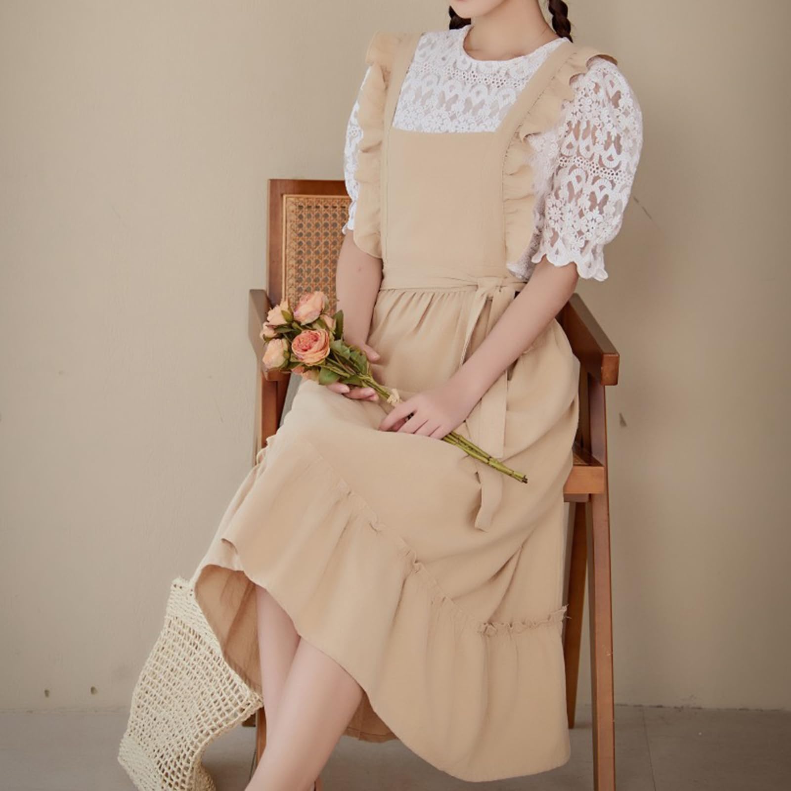 Tablier De Cuisine Vintage en Coton pour Femme Beige avec Volants Et Poches pour Cuisine Jardin Poterie Atelier Artisanat Beige,One Size