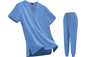 Women's V-Neck Pocket Scrub Top & Drawstring Jogger Scrub Pants Set in Ceil Blue