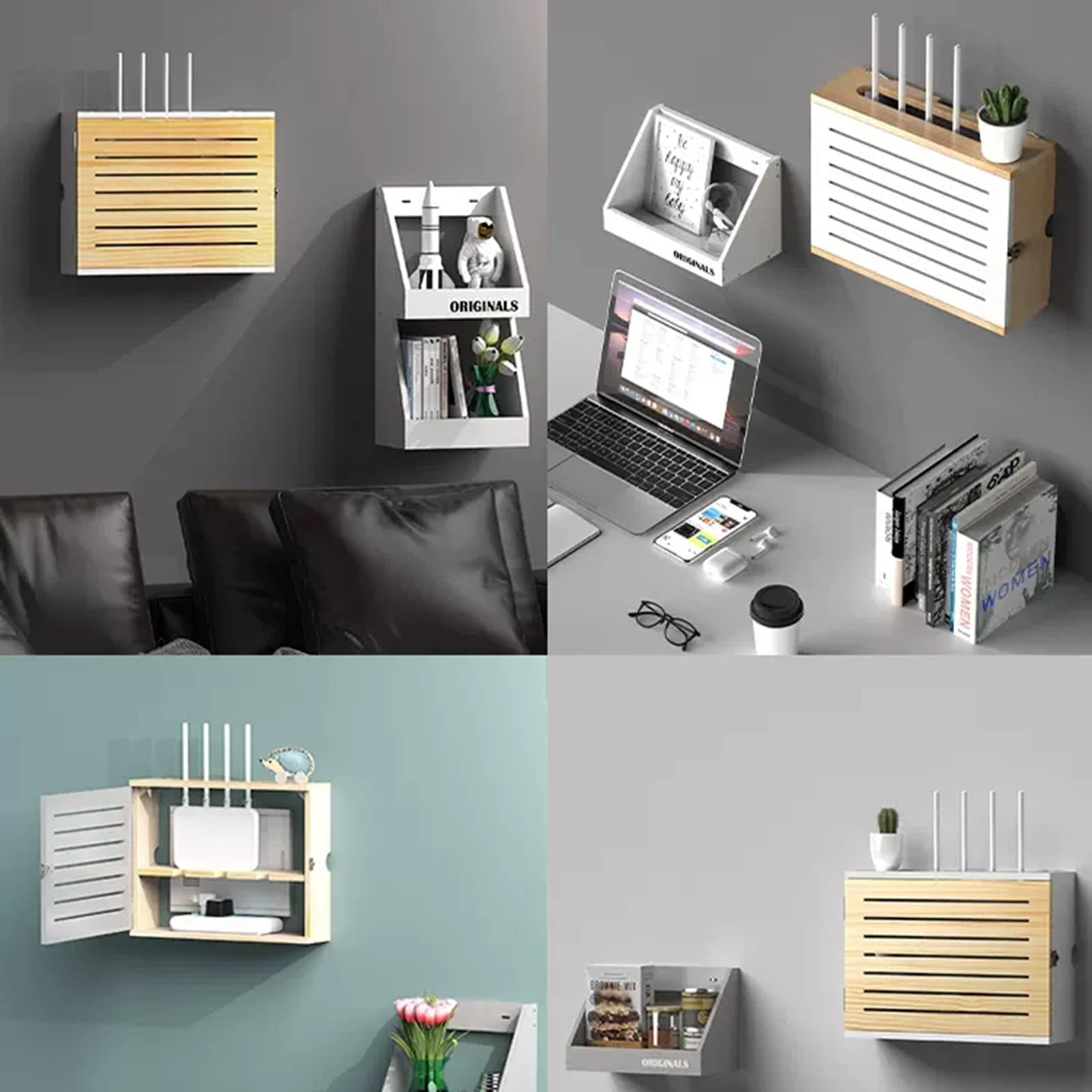 Uchwyt ścienny WiFi Router Schowek Drewniany dekoder sieciowy WiFi Kabel modemu ​Osłona routera Zorganizowana moc do domu sypialni salonu (kolor: naturalny-C, rozmiar: 42,4 x 32,4 x 10 cm)