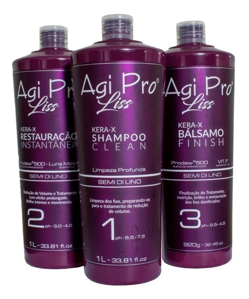 Agi Pro Liss Brazilian Natural Keratin Hair Treatment Kit for Straightening Curls and Frizz, Reducing Dry Damage, Nourish and Hydrate Root to Tip, Support Color Treated Styles - 1 liter - 3 Steps (3 x 1000ml)