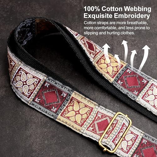 Image of Nefelibata Guitar Strap,Crazy Horse Leather Jacquard Embroidery Cotton Guitar Straps for Bass, Electric & Acoustic, Best Gifts for Guitarists(Bohemian Red Square)