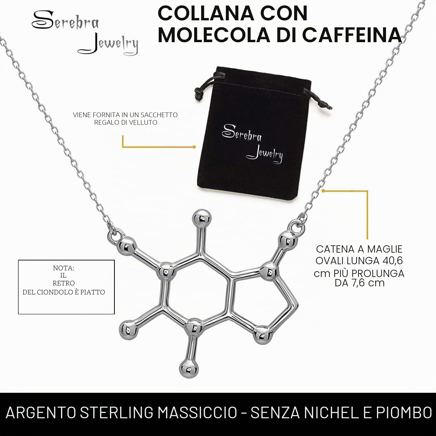 Caffeina Molecola Pendente Ciondolo con Collana | Realizzato in Argento Sterling 925, Placcato Oro e Oro Rosa