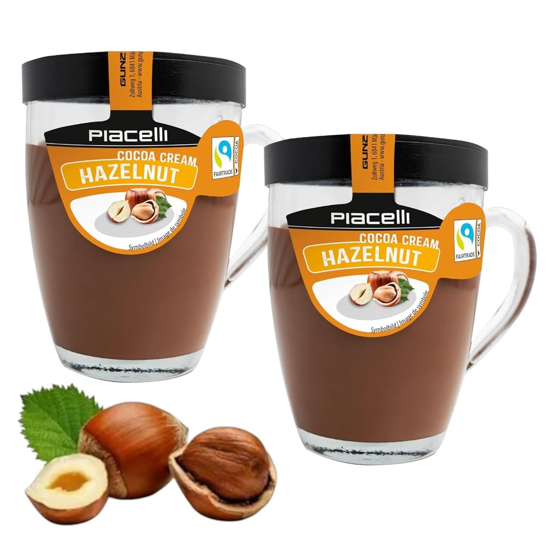 Piacelli Delicious Hazelnut Cocoa Cream Spread in Special Glass Cup - Organic Hazelnut Spread with Cocoa Butter - Sweet & Creamy Hazelnut for