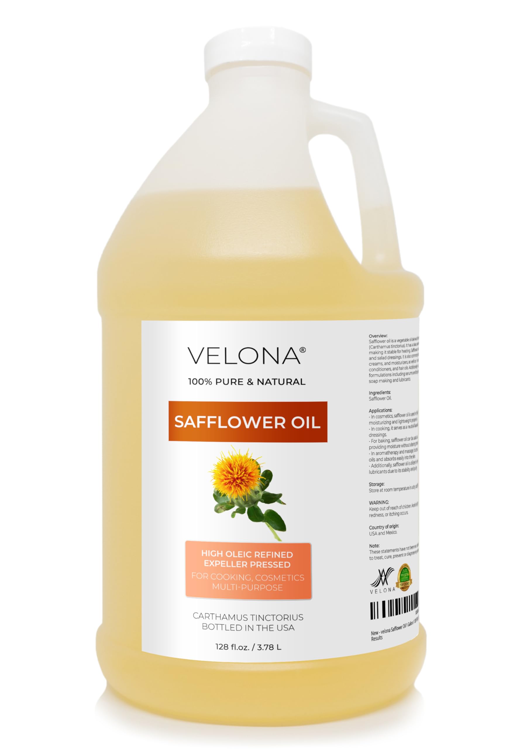 velona Safflower Oil 1 Gallon / 128 Fl Oz | 100% Pure and Natural Carrier Oil | Refined, Expeller Pressed | Cooking, Skin, Hair, Body & Face