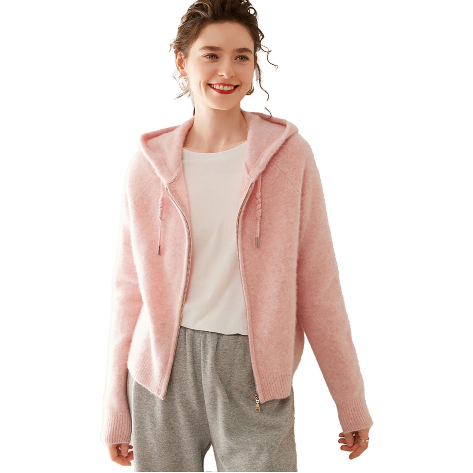 Womens Cashmere Zip Hoodie Sweater Cardigan Classic Cashmere Warm Long Sleeved Cardigan for Autumn and Winter