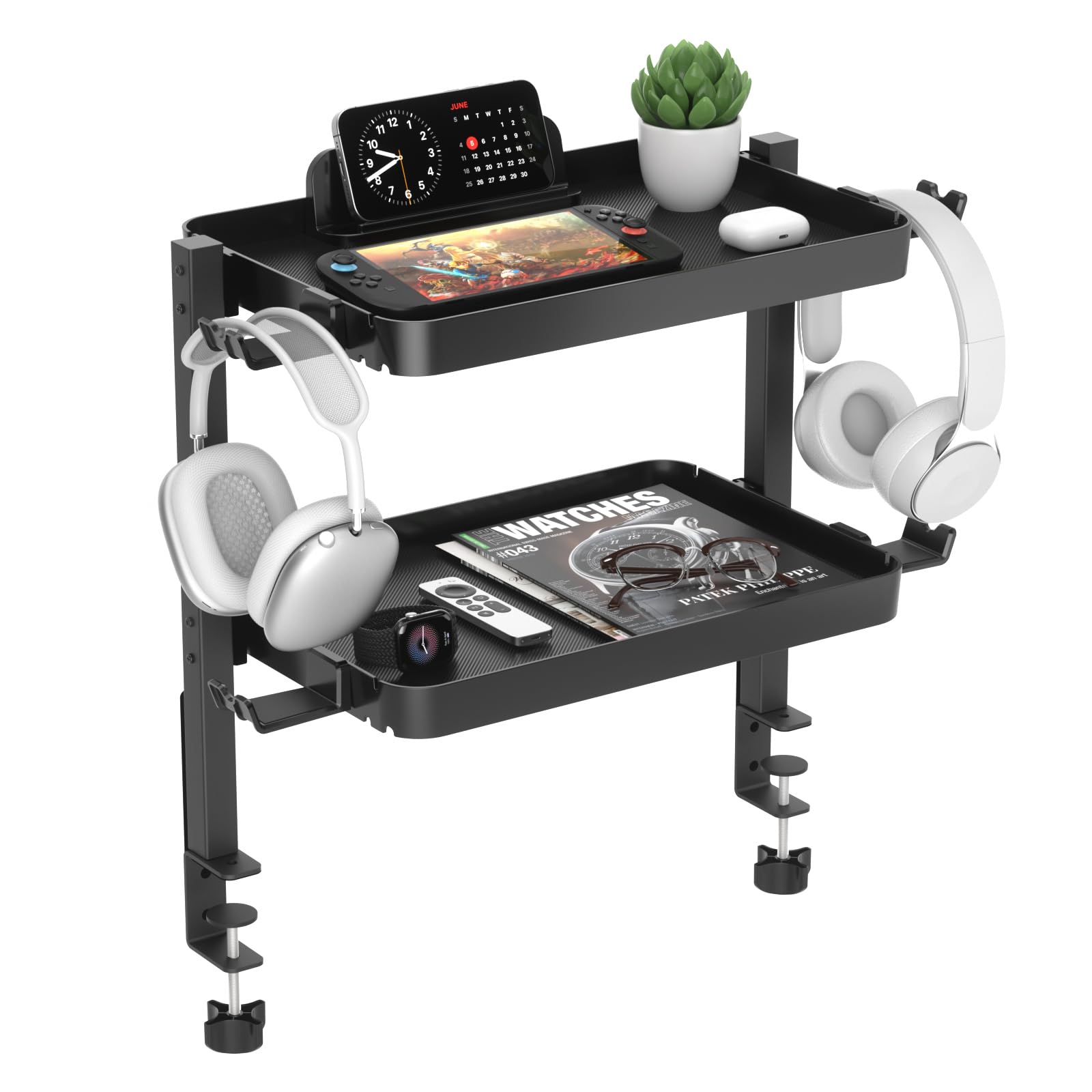 KDD Clamp On Desk Organizer - Adjustable 2-Tier Above or Under Desk Shelves with Large Capacity Tray Phone