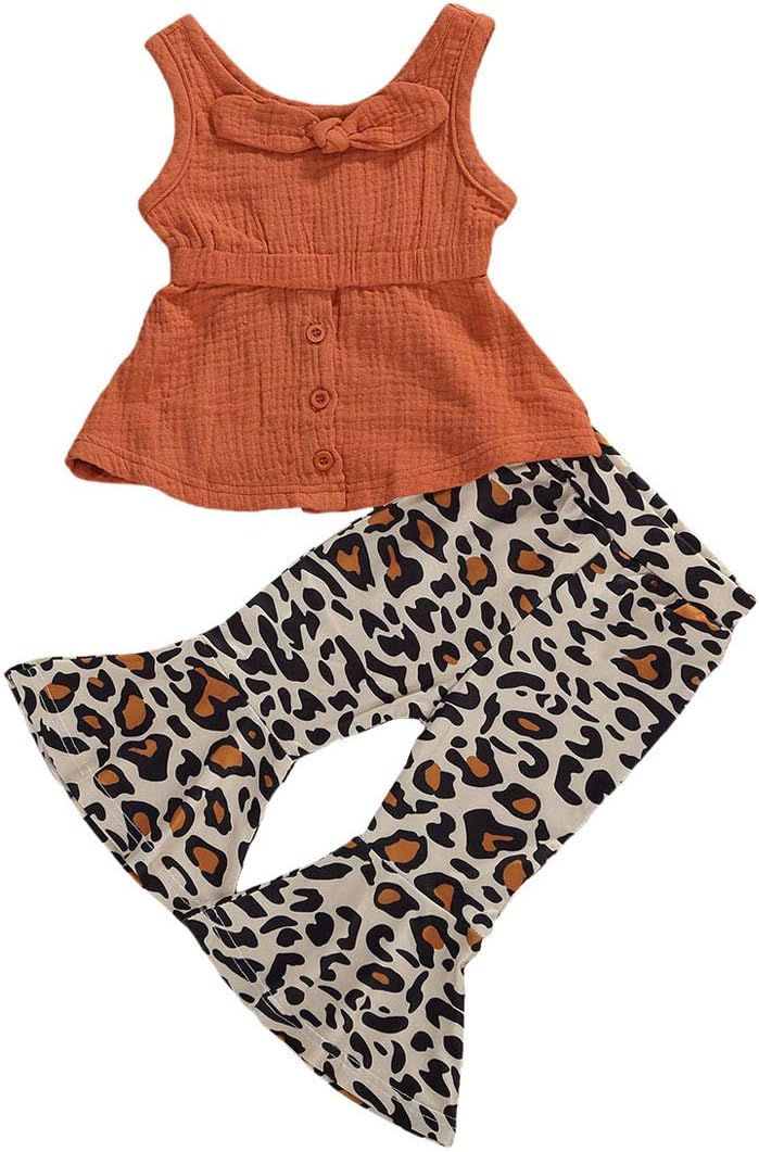 Toddler Little Baby Girls Bell Bottom Outfit Cotton Linen Sleeveless Top Sunflower Leopard Flare Pants Set Clothes