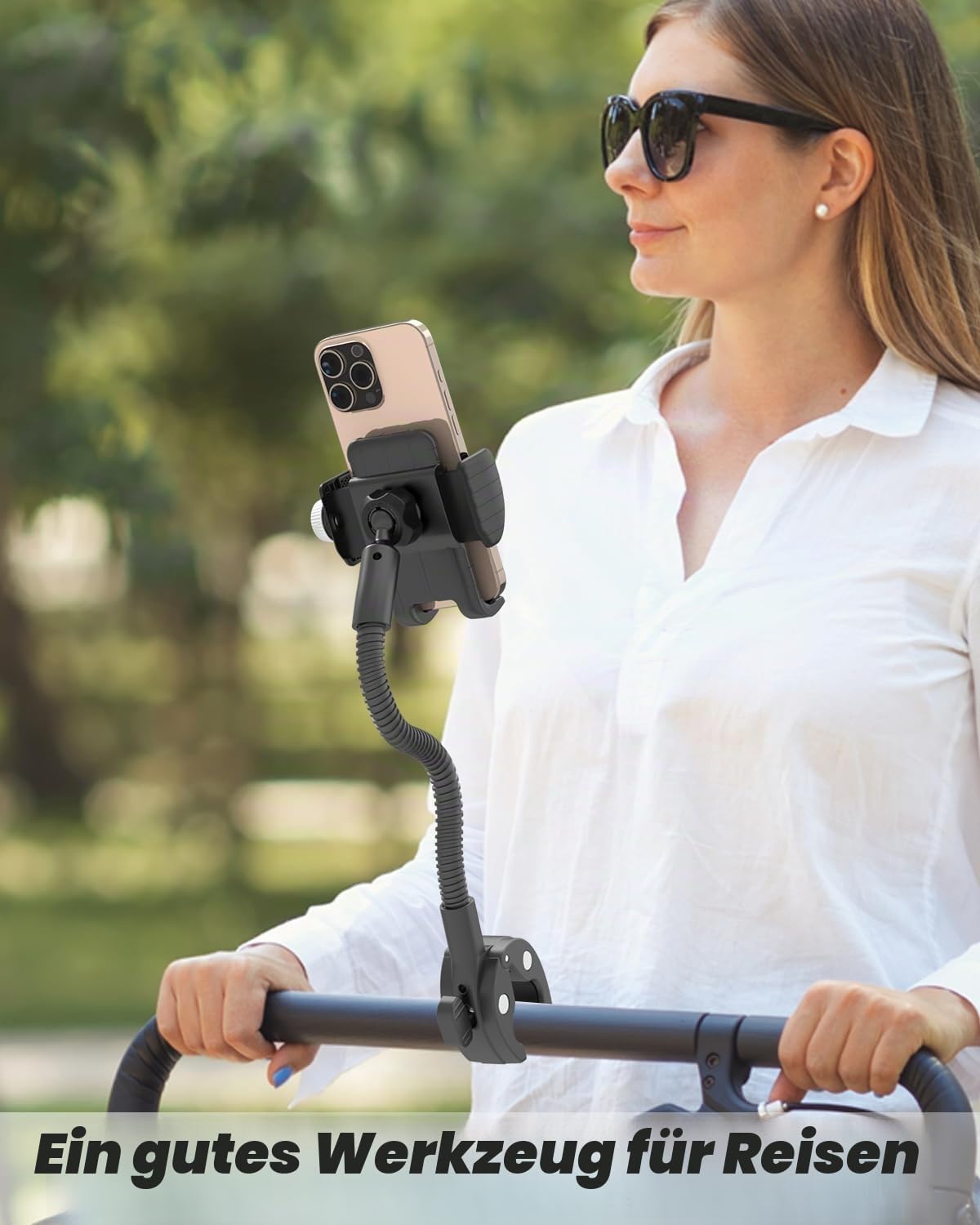 360° Drehbarer Metallteil Schwanenhals Handyhalterung Rollstuhl - [Gegen Absturz], Kinderwagen Telefonhalterung für All ​​Smartphone mit Dicker Hülle und iPhone 16 Pro Max/15/14/13/12