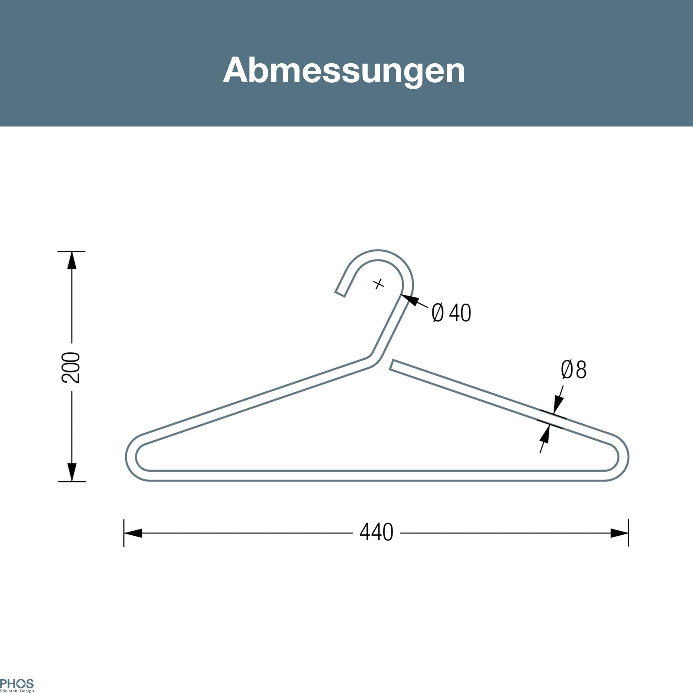 3X Kleiderbügel KB2, Edelstahl matt gebürstet, inkl. Hosensteg, rutschfest, aus einem Stück gebogen, Garderobenbügel, 100% Made in Germany - PHOS Design