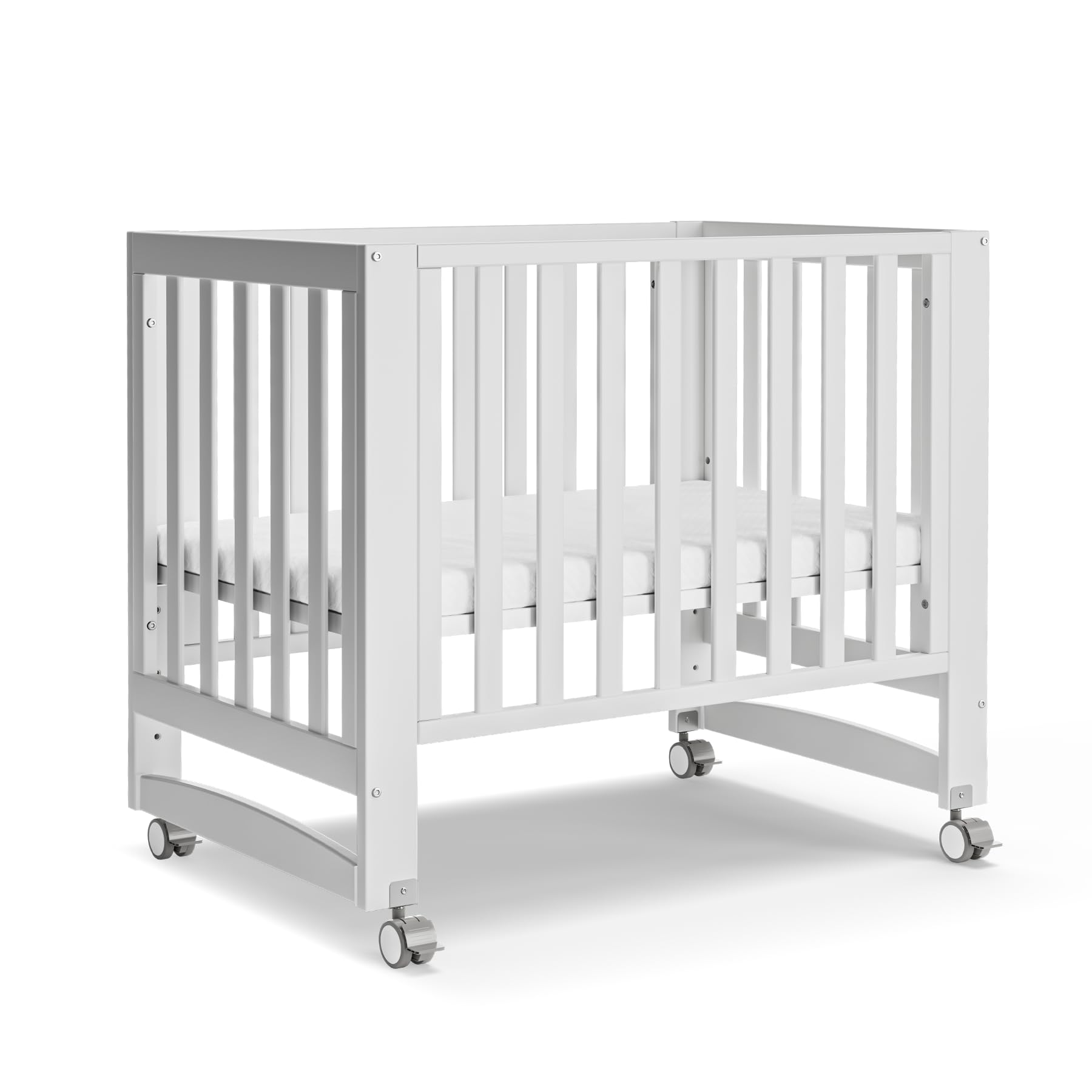 EvoNest Baby Crib, 6 in 1 Convertible Mini Crib with Wheels, 100% New Zealand Solid Wood Growing Bed, 4 Adjustable Mattress Height?White