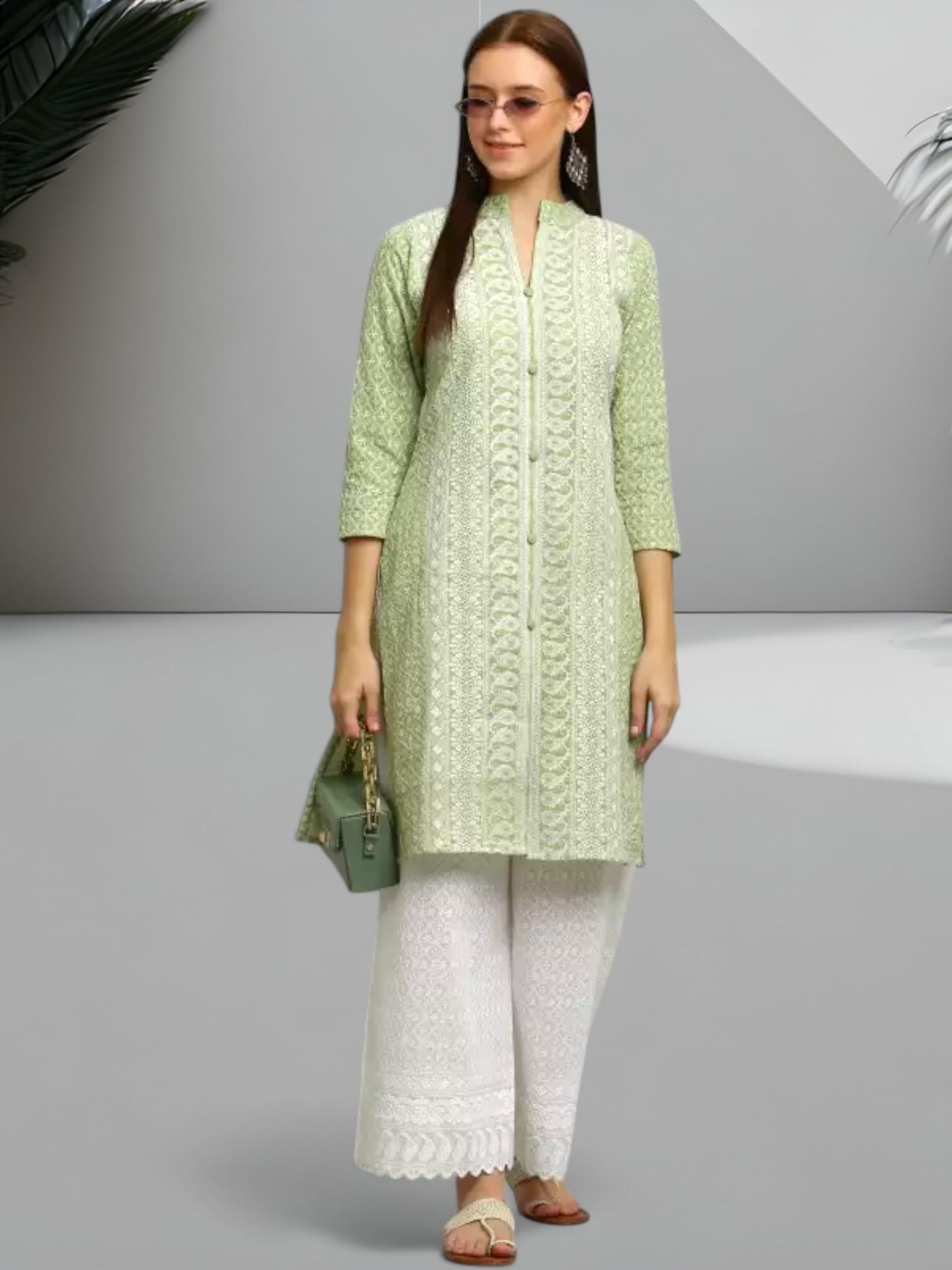 RangMahal Damen Baumwolle Indisch Handgefertigt Lucknowi Chikankari Kurta Palazzo Set Traditionelle Kleidung