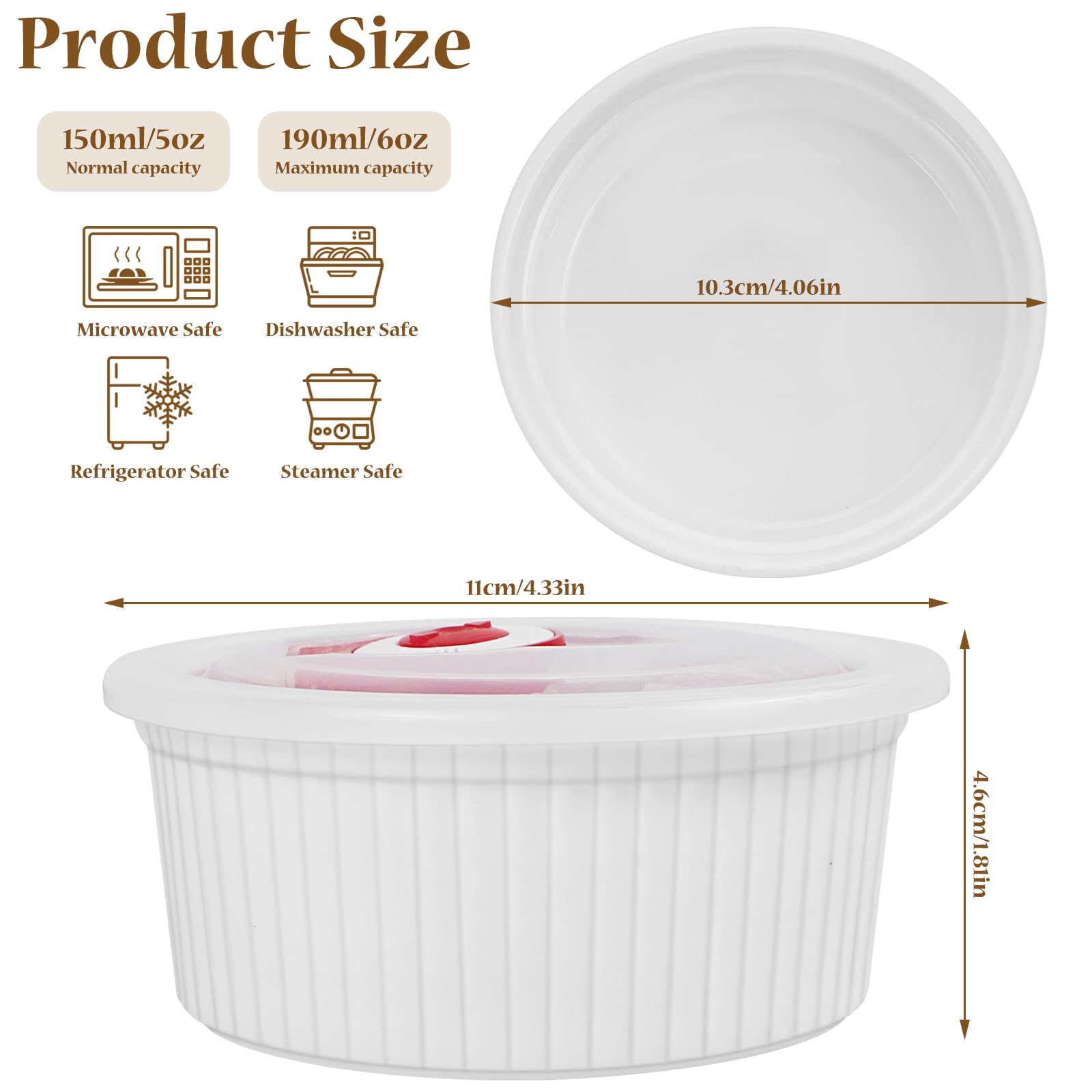 Confezione da 4 pirottini con coperchio, in ceramica, diametro interno di 9,5 cm, per torte, marmellate e soufflé, microonde, forno, lavastoviglie e friggitrice ad aria