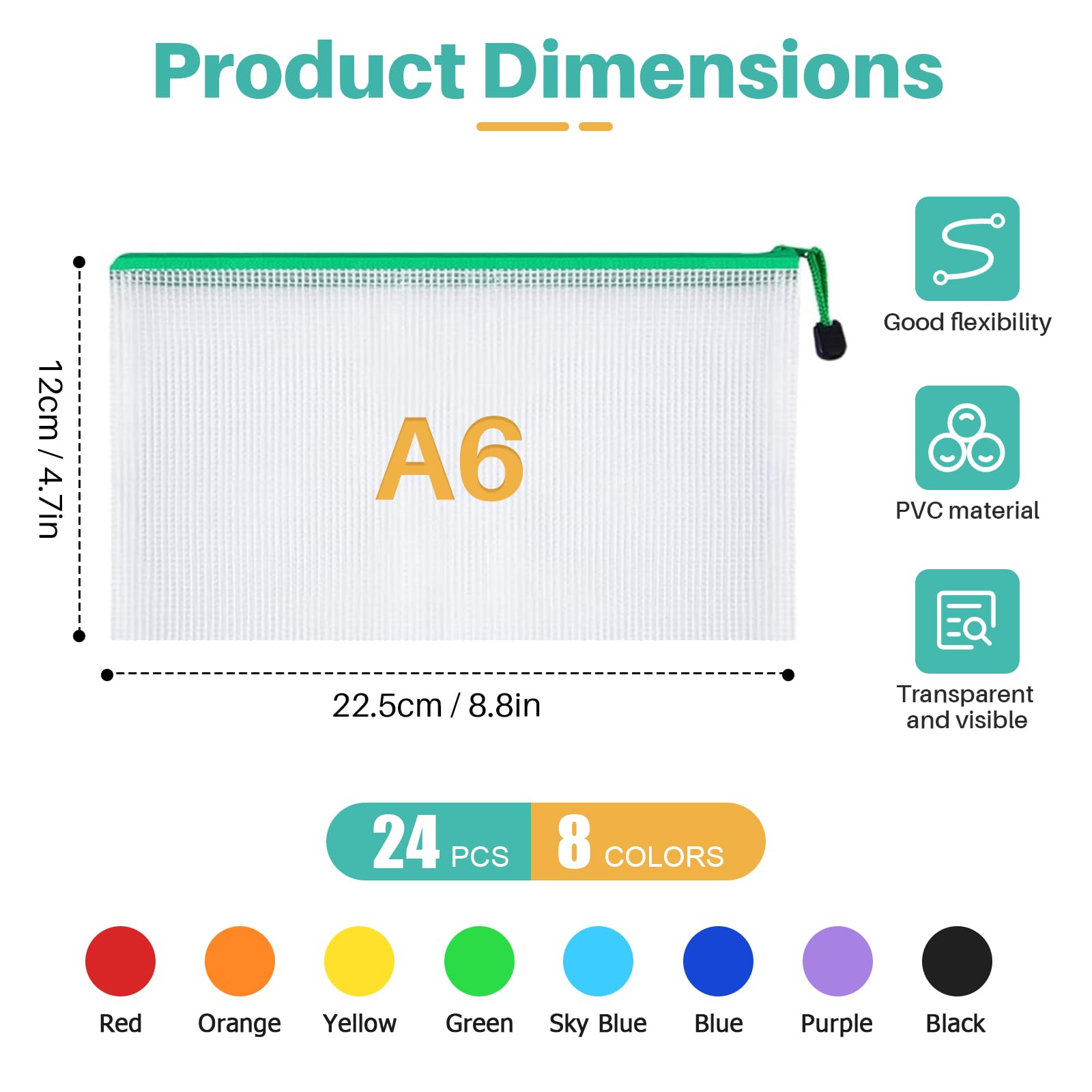 WenYa A6 Plastic Zip Wallets, 24Pcs Mesh File Folder Zipper Bags - Image 2